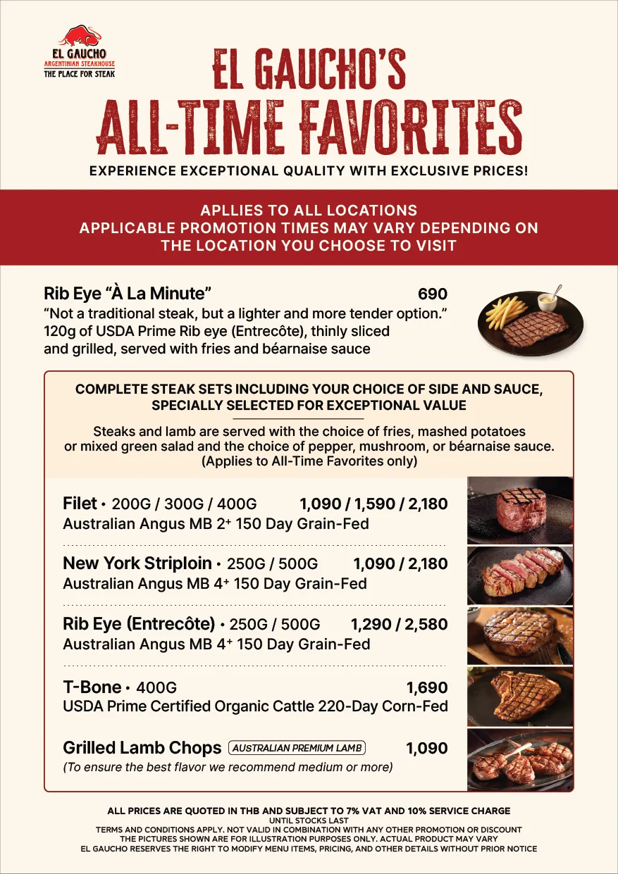 El Gaucho Thailand All-Time Favorites Menu